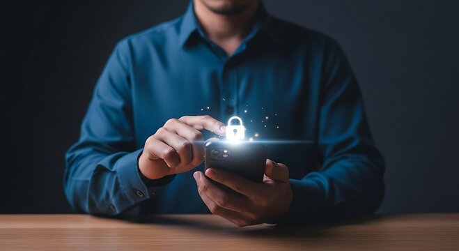 Man holding smartphone with glowing padlock icon representing digital security and data protection.
