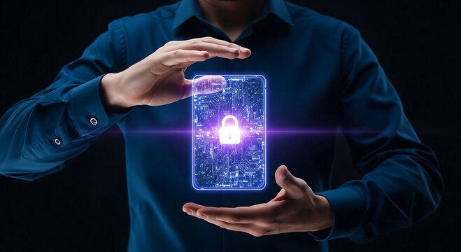 Man holding a glowing smartphone with a padlock icon, symbolizing digital security and data protection.