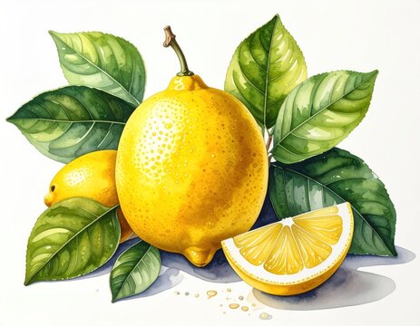 Watercolor illustration of lemons and leaves on a white background