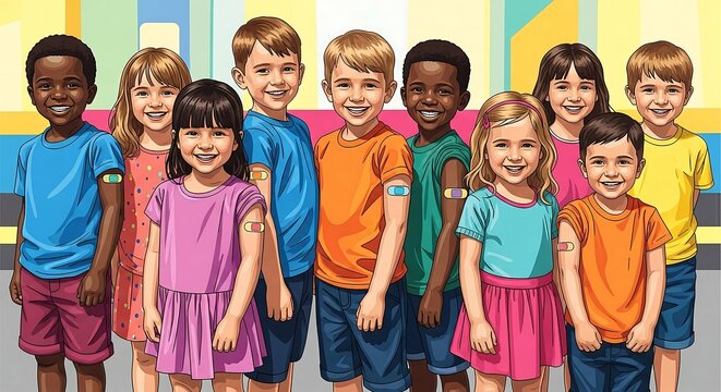 Diverse children smiling with bandages after vaccination standing together ideal for healthcare promotions and back to school immunization campaigns. - Powered by Adobe