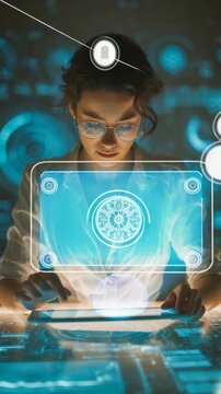 Young woman wearing glasses uses glowing digital tablet surrounded by holographic data, virtual graphics. Showcases advanced technology, innovation, future human computer interaction
