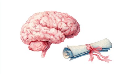 A brain illustration beside a rolled diploma tied with a ribbon, symbolizing knowledge and education.