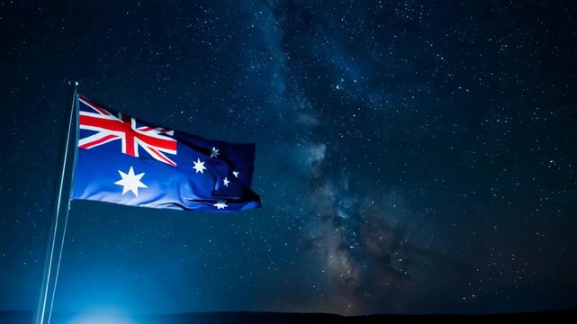 Australian flag waving brightly under a starry night sky, symbolizing national pride and independence