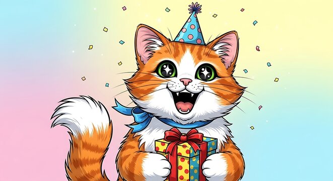 Cute cartoon cat blowing candles on a birthday cake, festive background, colorful confetti, vector digital art