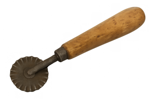 Vintage pasta cutter with a wooden handle and fluted metal wheel, a traditional kitchen tool for making ravioli and pastries