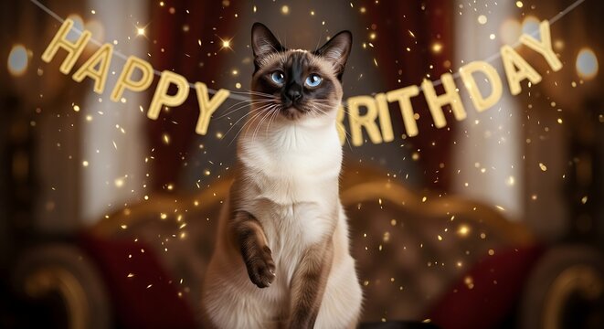 Joyful cat with birthday hat and bow tie smiling, confetti and balloons in the background, cheerful celebration art