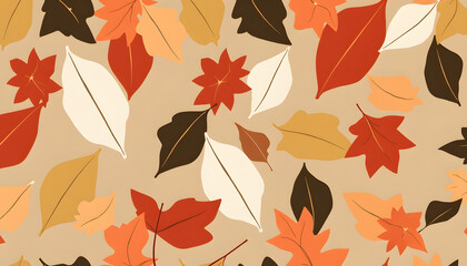 repeating wallpaper with autumn leaves motif, clipart style. White tone