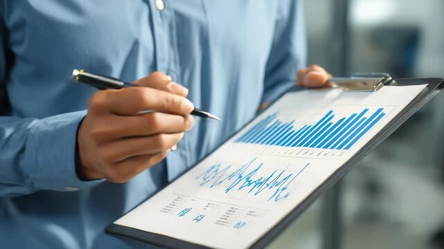 Closeup of a person in a blue shirt reviewing analytics and statistics on a clipboard, highlighting business growth and performance. Office background suggests a corporate setting