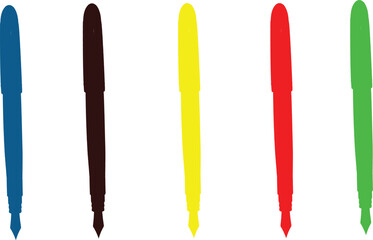 The image features a collection of five fountain pens, each capped and displayed in a horizontal arrangement against a clean white background. The pens are presented in a simplistic artistic style, 