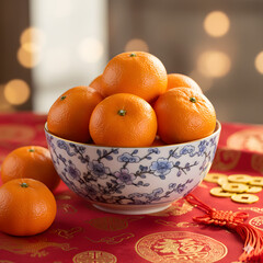 Mandarin Oranges in Decorative Bowl on Red Chinese New Year Background