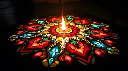 Bright candle flame shines on colorful mandala pattern creating for diwali or deepavali celebration