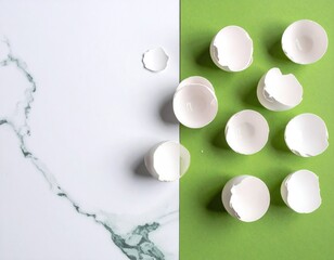White eggshells on marble and green background