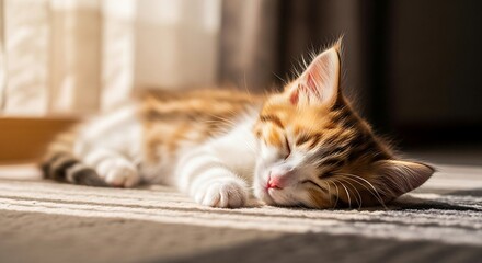 sleeping kitten basking in sunlight on a carpet showcasing domestic bliss and feline relaxation for pet-themed blogs capturing cozy and peaceful moments