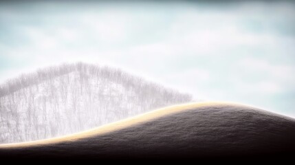 A serene landscape featuring gentle, sunlit hills in the foreground and a hazy, tree-covered mountain in the background.