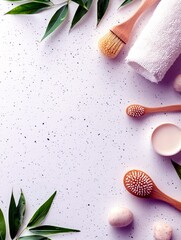 A serene flat lay composition featuring spa and wellness items like brushes, a towel, and smooth stones, accented by fresh green leaves.