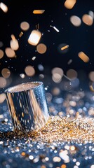 A metallic cylinder is tipped over, spilling a pile of gold glitter onto a dark surface with many sparkling bokeh lights in the background.