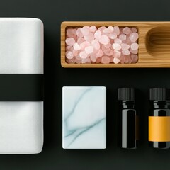A flat lay arrangement of spa and wellness items including a white towel, pink bath salts in a wooden dish, a marble-patterned soap bar, and two bottles of esse