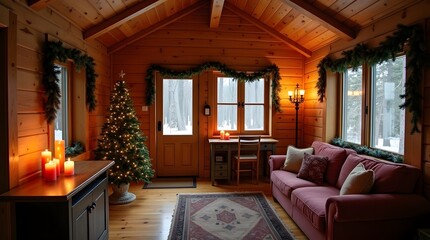 Cozy winter cabin getaway with Christmas tree and warm candles, purpose for background