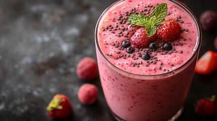 Refreshing berry smoothie in glass, garnished with chia seeds and mint.