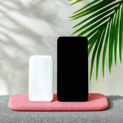 A white power bank and a black smartphone are presented side-by-side on a pink stand against a white background with palm leaf shadows.