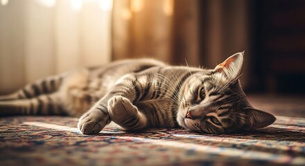 Tabby cat relaxing on an oriental rug in warm sunlight enjoying a lazy day at home creating a cozy and peaceful atmosphere perfect for pet blogs
