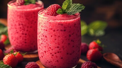 Two glasses of raspberry strawberry smoothie garnished with fresh raspberries and mint.