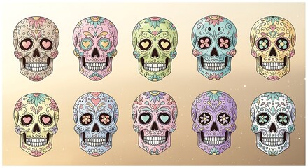 day of the dead skulls ten sugar skulls with colorful decorations a vibrant array for cultural celebrations background art holiday themes and designs.