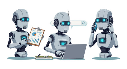 ai customer service robots analyzing data working on laptop answering phone for it support illustrating automation efficiency progress