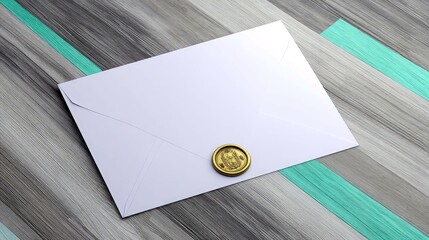A white envelope with a gold wax seal is placed diagonally on a wooden surface with alternating teal and gray stripes.