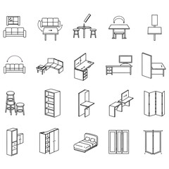 furniture line drawings showing a sofa bed desk and table in a room representing interior design and architectural plans