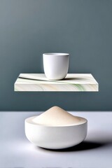 A clean, minimalist arrangement featuring a white ceramic cup on a levitating marble slab above a white bowl filled with fine, light-colored powder.