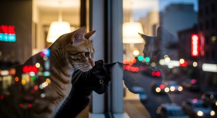 Cats looking out window at night domestic cats observing street scene with city lights capturing domestic tranquility and urban exploration at night