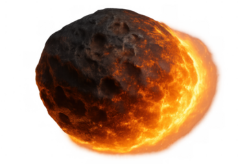 Burning meteor entering atmosphere with fiery tail, asteroid impact disaster concept, transparent background
