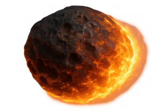 Burning meteor entering atmosphere with fiery tail, asteroid impact disaster concept, transparent background
