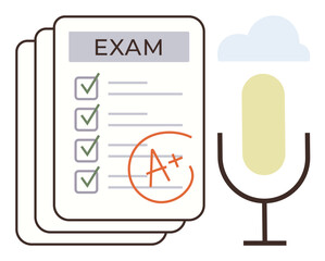 A graded exam paper with checklists and an A, alongside a microphone. Ideal for education, online learning, achievements, assessments, grading, communication academic success. Clean and simple flat