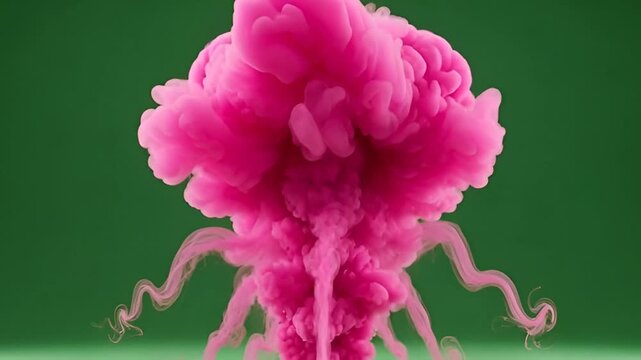 Dynamic pink smoke explosion against vibrant green backdrop for stunning visual effects or abstract design projects that need an element of creative power and visual impact