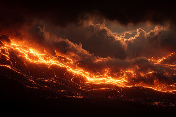 Volcanic eruption lava stream fiery mountain background