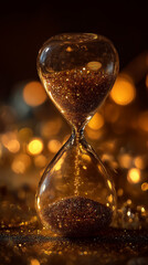 Glitter gold hourglass glowing in warm light photography