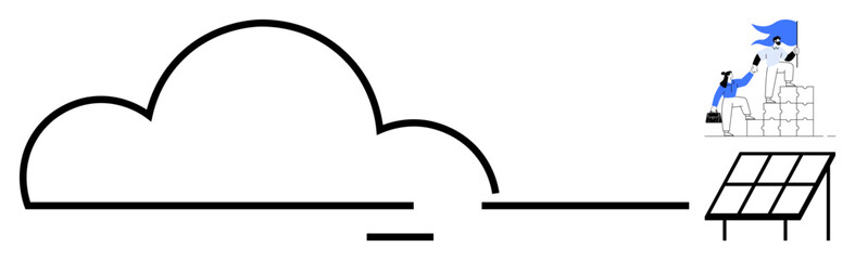 Cloud over solar panels and worker on stacked materials indicating renewable energy and ecological balance. Ideal for sustainability, green energy, construction, future, innovation, eco-living