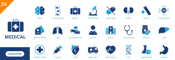 Medical icon. Includes hospital, medicine, first aid, healthcare, lungs, science. Solid vector icon set.