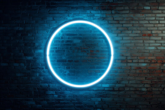 Modern circle LED light on brick texture dark studio wall