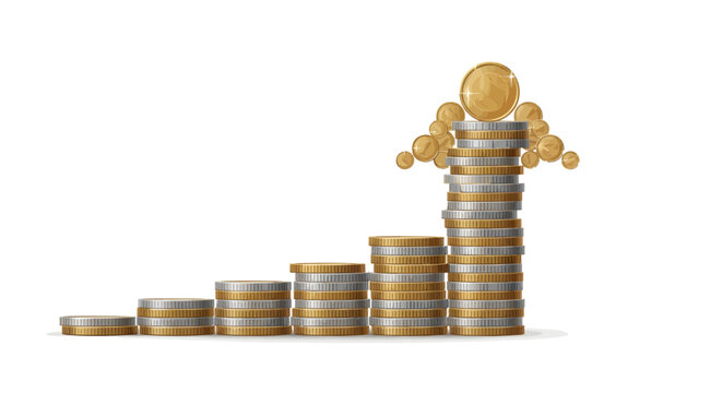 A 3D illustration of rising stacks of gold and silver coins arranged as a growth chart, symbolizing financial success, investment returns, savings, and wealth accumulation