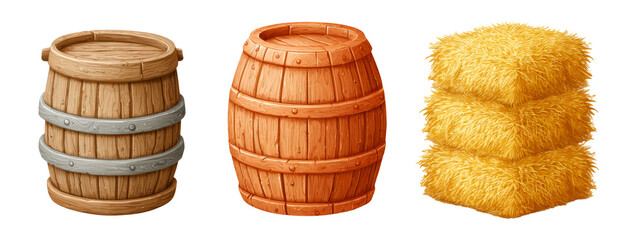 Isolated Wooden Barrels and Stacked Hay Bales on Transparent Background