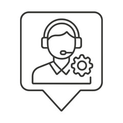 Minimalist line vector of a person with a headset and gear in square pin shape, representing professional helpdesk, tech support, and communication.