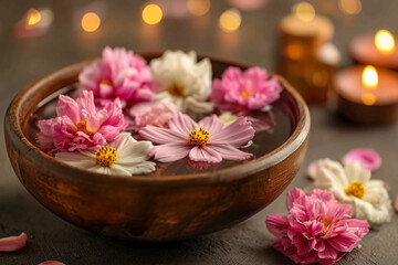 Floral wooden bowl floating blossoms wellness relaxation setting