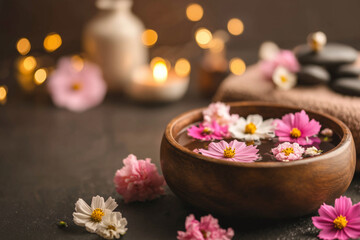 Zen spa scene with pink flowers and wooden bowl tranquility
