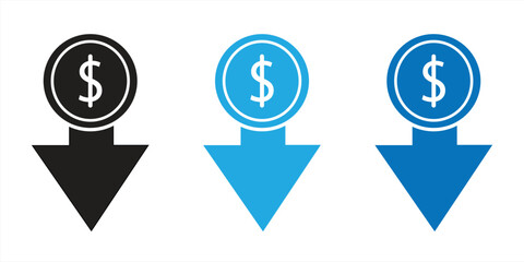 Dollar down arrow icon. Symbol of economic downtrend. Sign of business decline. Vector illustration.