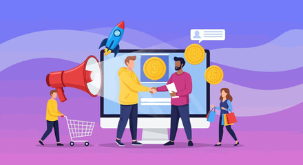 Business Agreement Illustration with People and Marketing Elements.