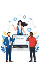 Business team collaborating on a laptop computer project.