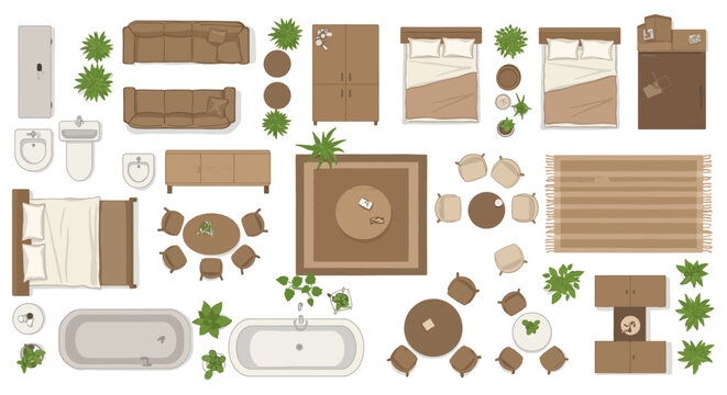 interior design floor plan with furniture creating a livable space showing beds sofas tables plants and bathroom fixtures for architects